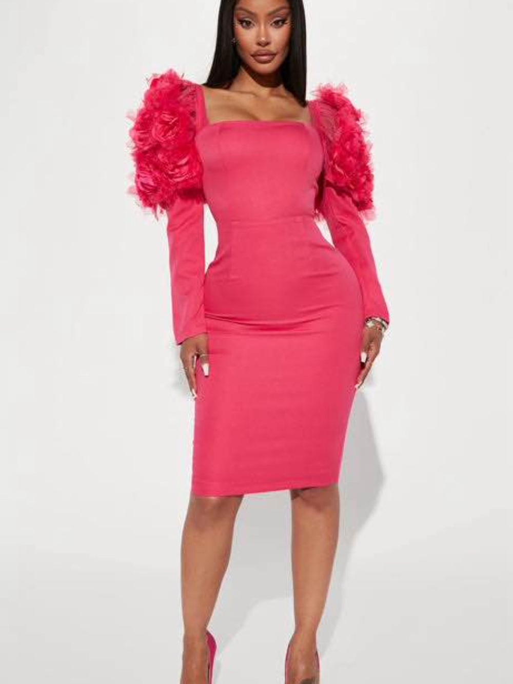 Fashion Nova Hot Pink Puff-Sleeve Square-Neck Long Sleeve Midi Dress